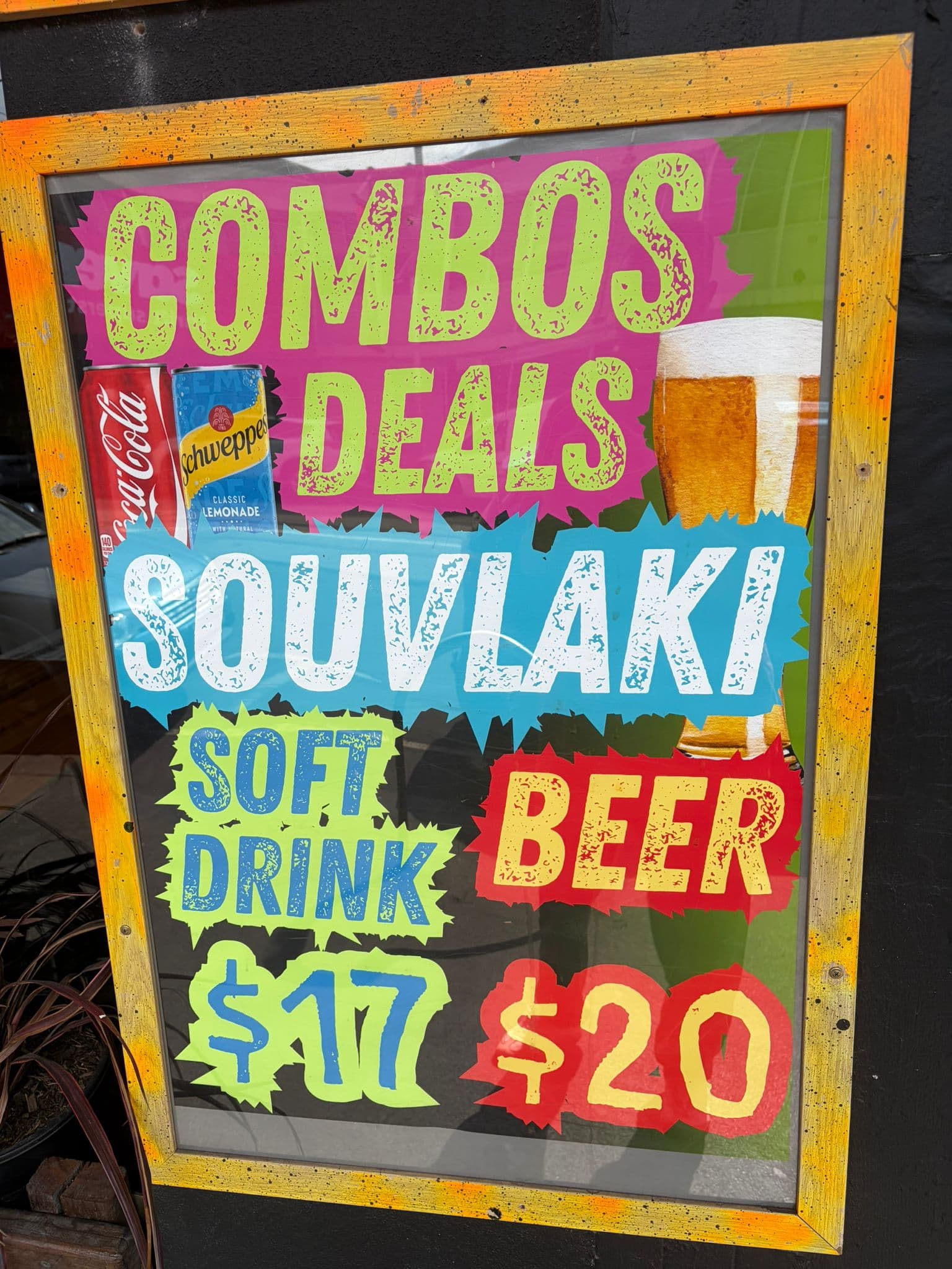 $17 Souvlaki + Soft drink or $20 with Beer
